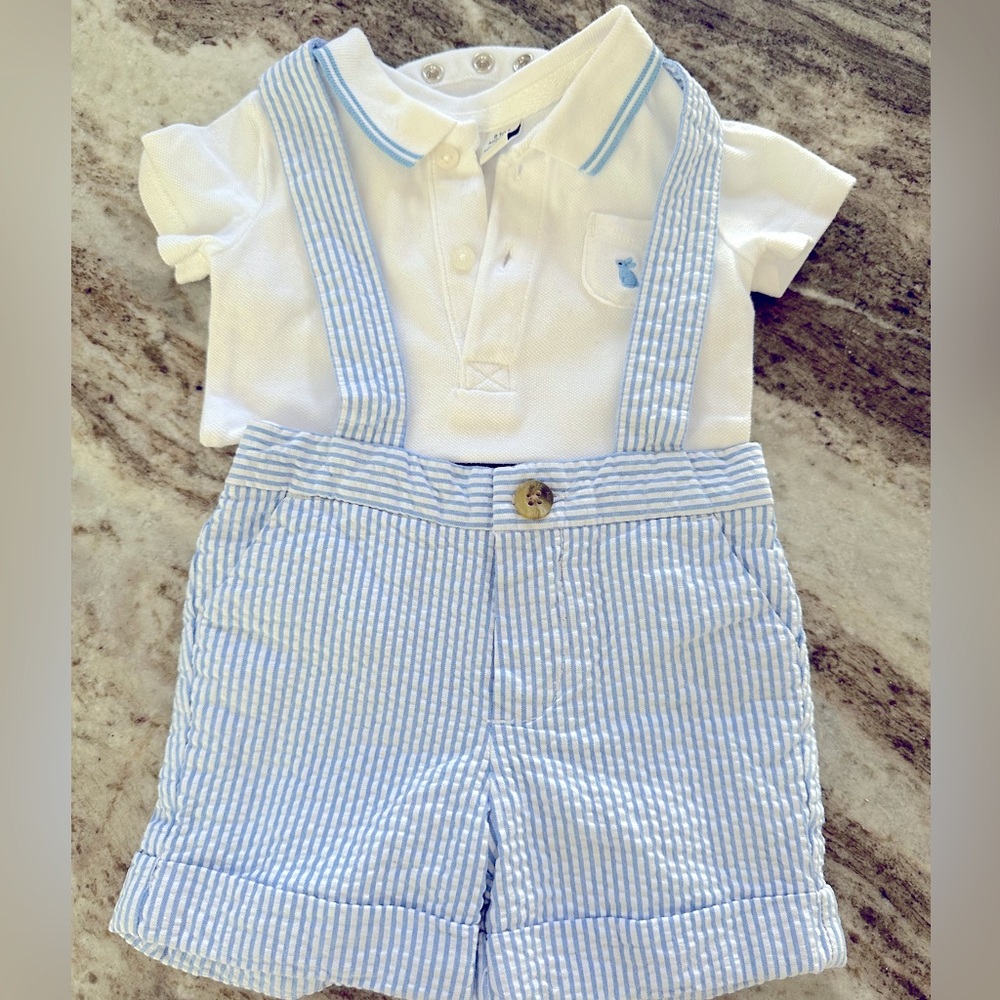 Janie and Jack Seersucker overalls with matching polo